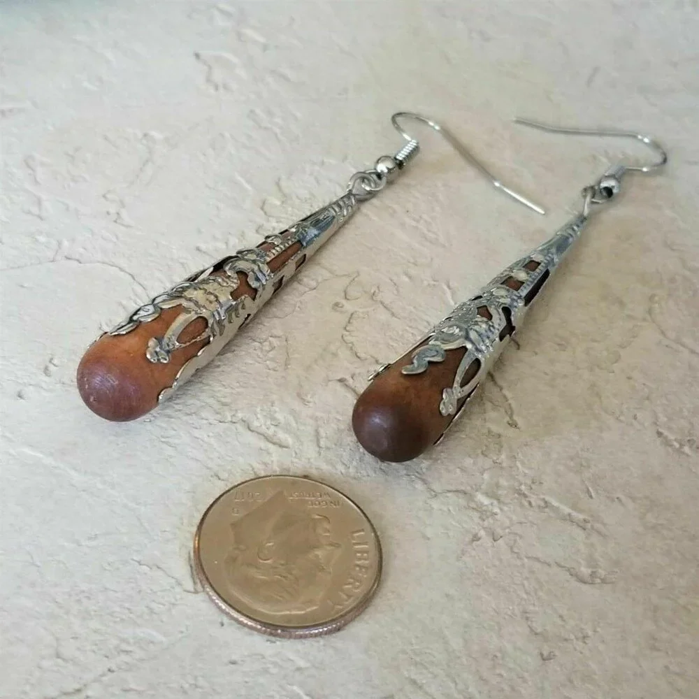 Victorian Filigree Capped Wood 68mm Long Teardrop Dangle Earrings Silver Tone - Picture 6 of 7